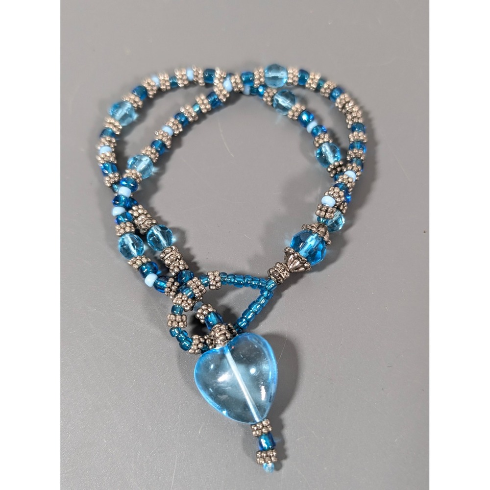 Artisan Blue Glass Puffy Heart Charm Bracelet 8" Beaded Coastal Boho